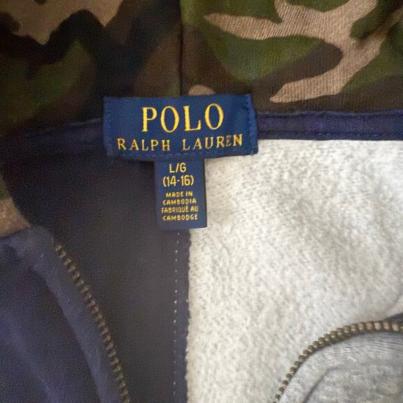 Polo Ralph Lauren Colorblock Hoodie Sweater in Gray/Navy/Camo Size Kids L 14/16 - Picture 7 of 11